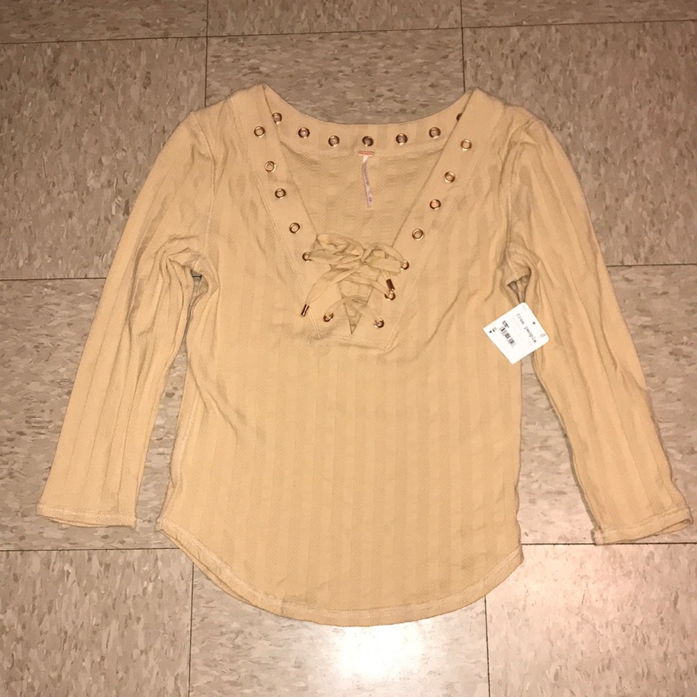 NWT Free People Lace Up Ice Cold Rose Gold Grommet Top in Sun Fade size M